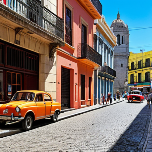 Home 4 **
A vibrant street scene in Montevideo's Ciudad Vieja (Old City). Cobblestone streets lined with colorful, historic buildings. Tourists are enjoying the atmosphere, with a cafe spilling onto the sidewalk. A classic car is parked nearby. Capture the historical charm and lively atmosphere of Uruguay's capital. Focus on the architectural details and the sense of community.
**