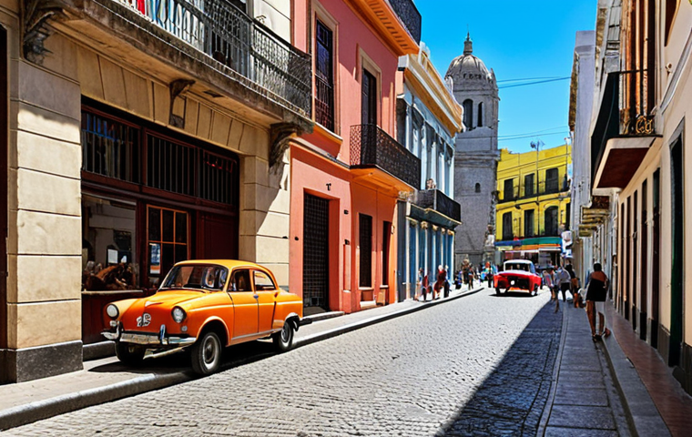 **
A vibrant street scene in Montevideo's Ciudad Vieja (Old City). Cobblestone streets lined with colorful, historic buildings. Tourists are enjoying the atmosphere, with a cafe spilling onto the sidewalk. A classic car is parked nearby. Capture the historical charm and lively atmosphere of Uruguay's capital. Focus on the architectural details and the sense of community.
**