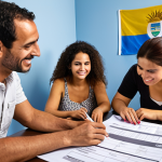 **

A diverse group of people happily filling out immigration forms at a modern desk. In the background, display the Uruguayan flag and the words "Welcome to Uruguay: Your New Life Begins Here". Focus should be on the paperwork representing the initial steps of immigration.

**