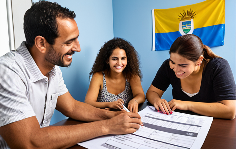 **

A diverse group of people happily filling out immigration forms at a modern desk. In the background, display the Uruguayan flag and the words "Welcome to Uruguay: Your New Life Begins Here". Focus should be on the paperwork representing the initial steps of immigration.

**