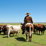**Prompt:** Uruguayan gaucho tending cattle on vast, green grasslands under a clear blue sky, symbolizing traditional agriculture.