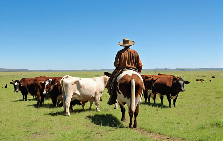 **Prompt:** Uruguayan gaucho tending cattle on vast, green grasslands under a clear blue sky, symbolizing traditional agriculture.