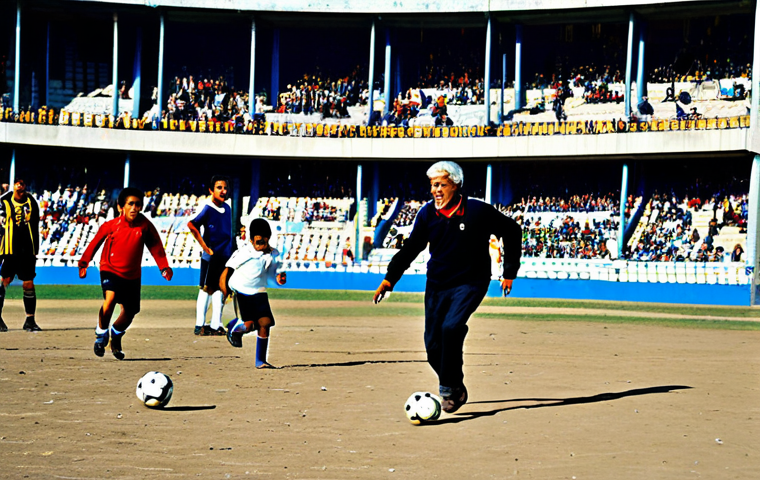 A vibrant scene depicting a diverse group of fully clothed Uruguayan individuals of varying ages, including children and adults, celebrating their national sport. The historic Estadio Centenario in Montevideo is prominently featured in the background under clear skies. In the foreground, children in modest athletic wear are playfully kicking a football on a dusty pitch, while adults in comfortable, appropriate attire watch with proud and warm expressions. The atmosphere is filled with passion and community spirit. Natural pose, perfect anatomy, correct proportions, well-formed hands, proper finger count, natural body proportions, professional photography, high resolution, soft natural lighting, safe for work, appropriate content, fully clothed, modest clothing, family-friendly.