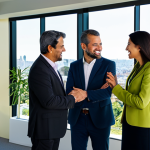 A professional group of diverse individuals, fully clothed in modest business attire, confidently interacting in a modern, sunlit office space with large windows overlooking the serene Montevideo skyline and lush green parks. The scene conveys peace and stability. They exhibit perfect anatomy, correct proportions, and natural poses. The image is safe for work, appropriate content, family-friendly, professional photography, high quality, well-formed hands, proper finger count, natural body proportions.