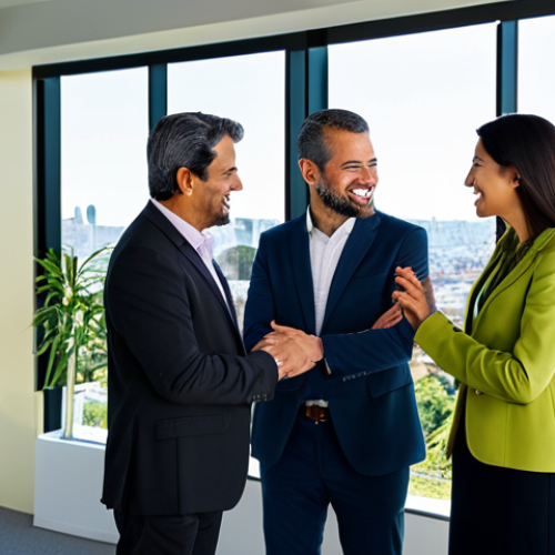 A professional group of diverse individuals, fully clothed in modest business attire, confidently interacting in a modern, sunlit office space with large windows overlooking the serene Montevideo skyline and lush green parks. The scene conveys peace and stability. They exhibit perfect anatomy, correct proportions, and natural poses. The image is safe for work, appropriate content, family-friendly, professional photography, high quality, well-formed hands, proper finger count, natural body proportions.