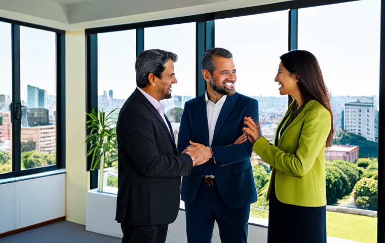 A professional group of diverse individuals, fully clothed in modest business attire, confidently interacting in a modern, sunlit office space with large windows overlooking the serene Montevideo skyline and lush green parks. The scene conveys peace and stability. They exhibit perfect anatomy, correct proportions, and natural poses. The image is safe for work, appropriate content, family-friendly, professional photography, high quality, well-formed hands, proper finger count, natural body proportions.