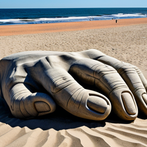 El Dedo (The Finger) on Brava Beach, Punta del Este**

A giant hand emerging from the sand on Brava Beach, Punta del Este, Uruguay. The sculpture, known as "El Dedo," is weathered by the ocean. Capture the texture of the sand and the contrast of the sculpture against the sky. Safe for work, appropriate content, fully clothed (the sculpture), professional, family-friendly, perfect anatomy (for the sculpture), natural proportions, high-quality render, clear details.

**