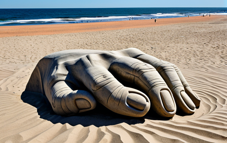 El Dedo (The Finger) on Brava Beach, Punta del Este**

A giant hand emerging from the sand on Brava Beach, Punta del Este, Uruguay. The sculpture, known as "El Dedo," is weathered by the ocean. Capture the texture of the sand and the contrast of the sculpture against the sky. Safe for work, appropriate content, fully clothed (the sculpture), professional, family-friendly, perfect anatomy (for the sculpture), natural proportions, high-quality render, clear details.

**